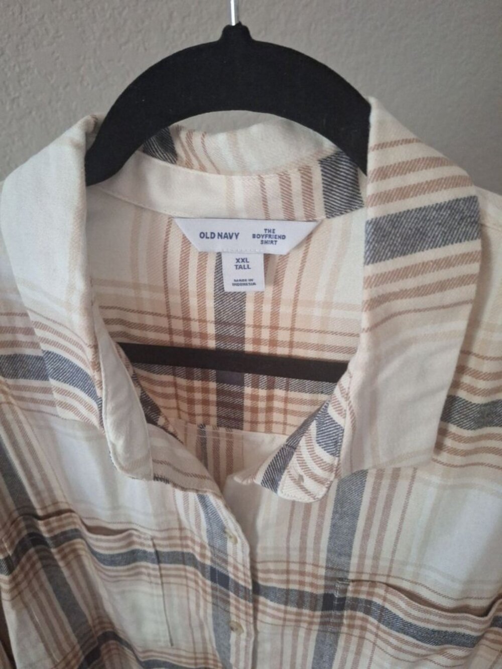 Old Navy Plaid Boyfriend Shirt XXL Tall Cream and Brown - Picture 2 of 3